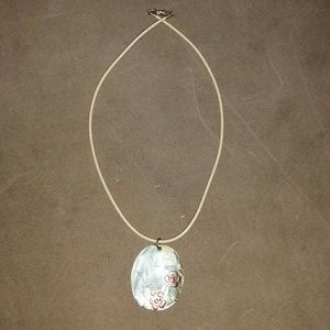 Necklace, flowers painted on shell.