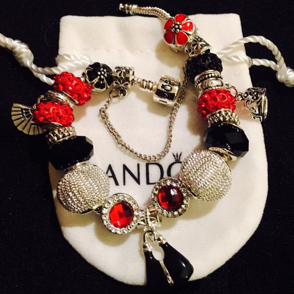 Pandora Engraved Bracelet with charms and pouch