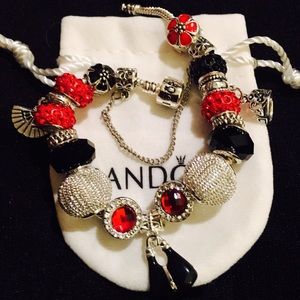 Pandora Engraved Bracelet with charms and pouch