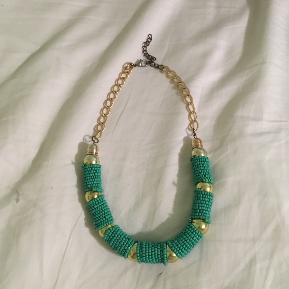 Teal and Gold Beaded Necklace