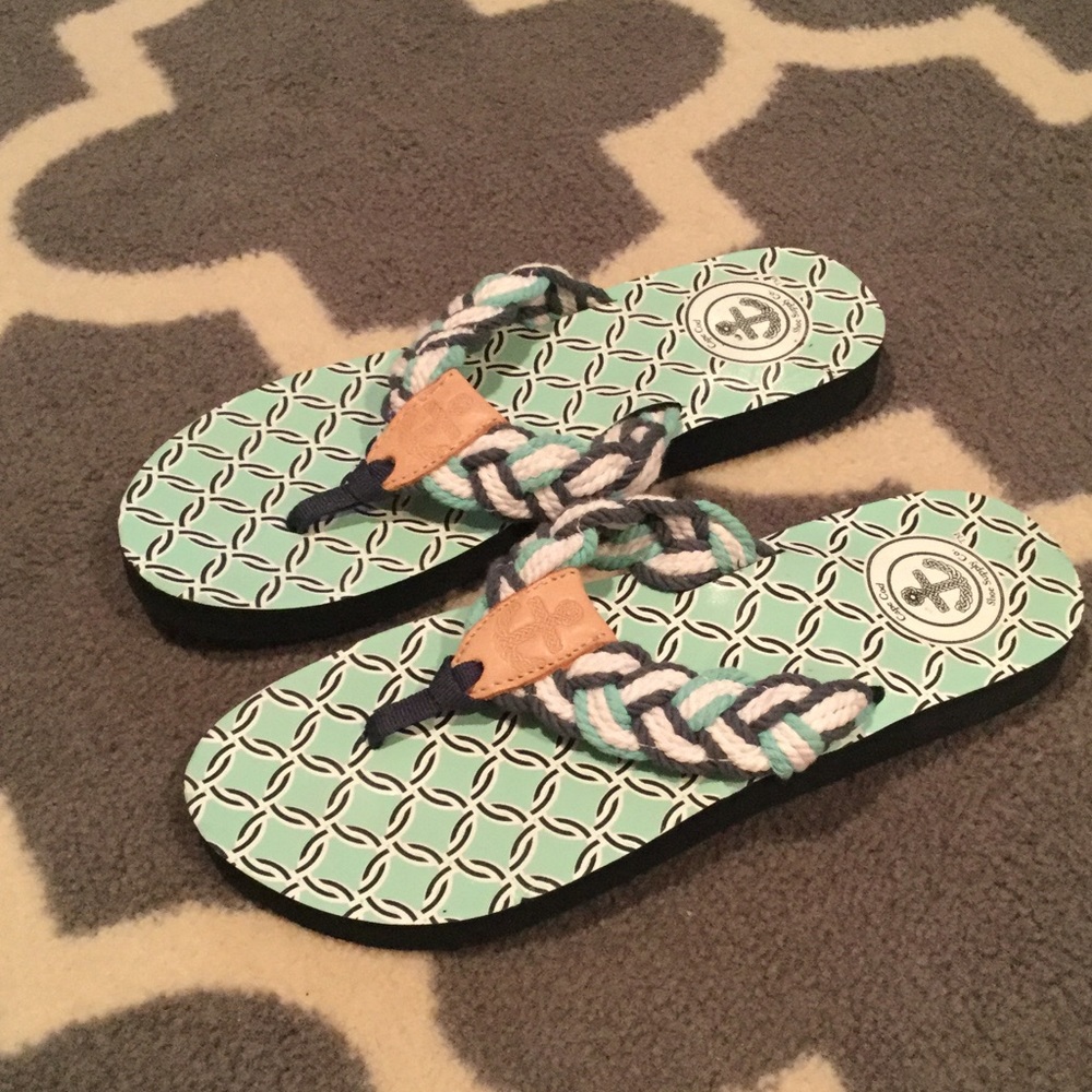 Cape Cod turquoise and navy flip flops. Size 8