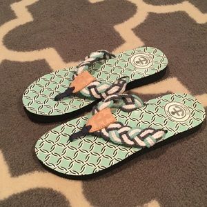 Cape Cod turquoise and navy flip flops. Size 8