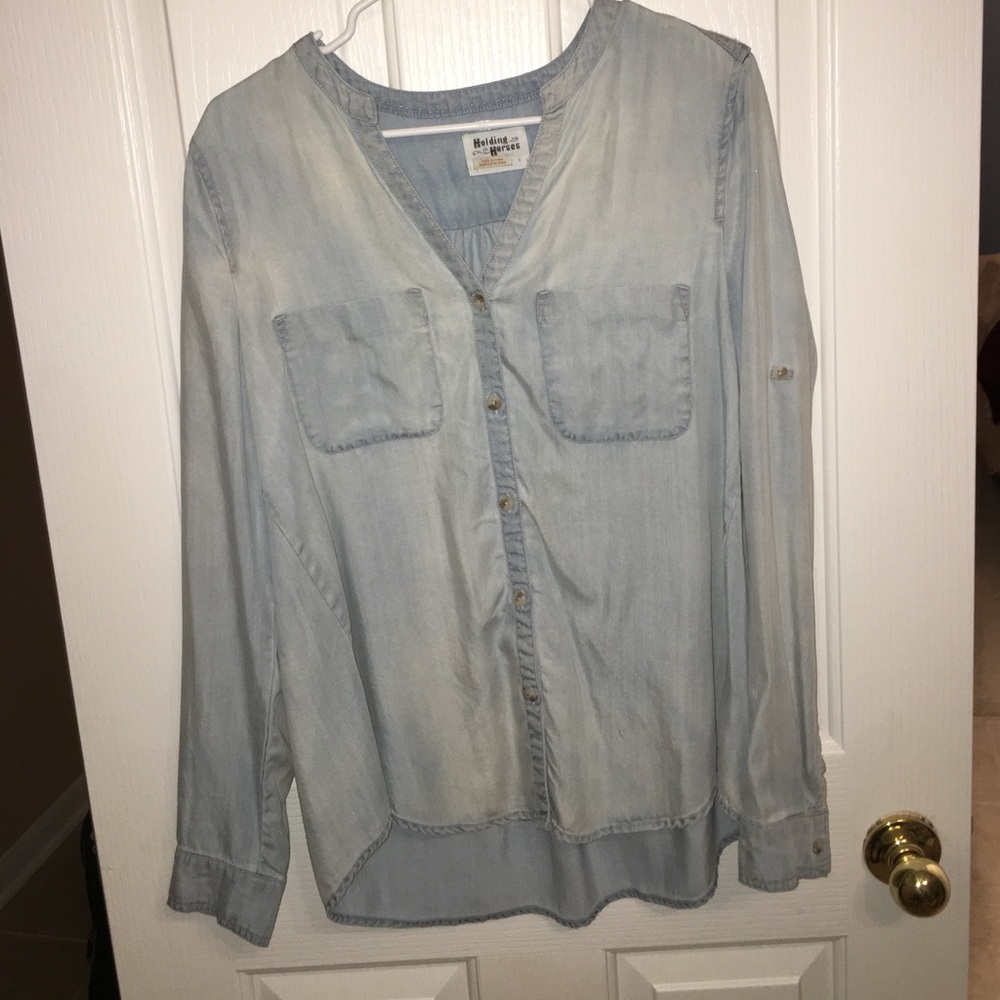 Anthro denim buttonup with embroidered back