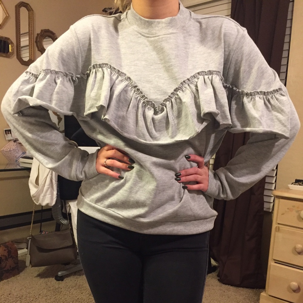 Brand New grey TOPSHOP Jersey ruffle sweatshirt