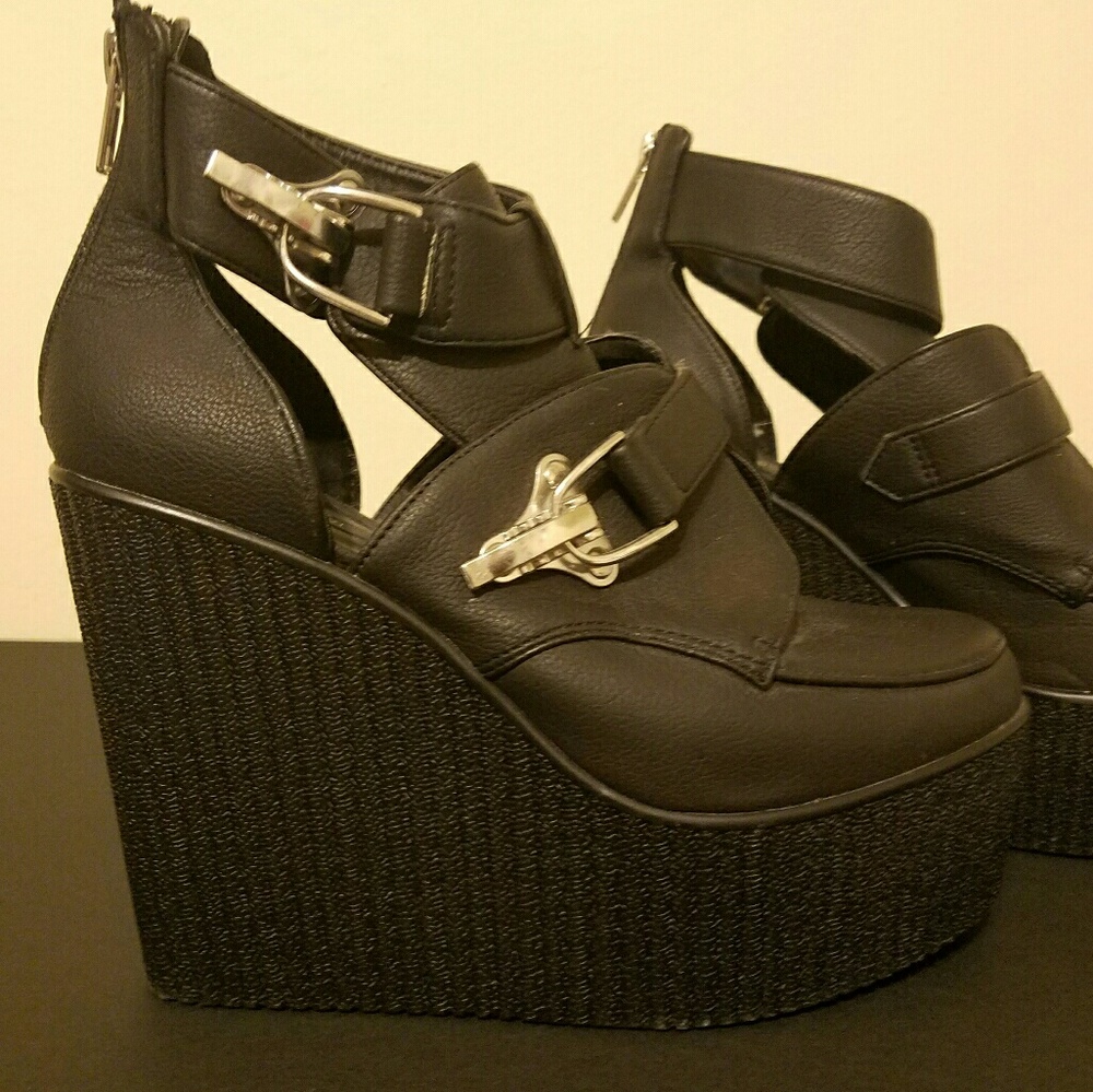 Black Cutout Platform Wedges With Buckles