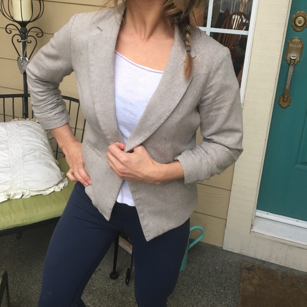 Cream khaki linen open blazer
