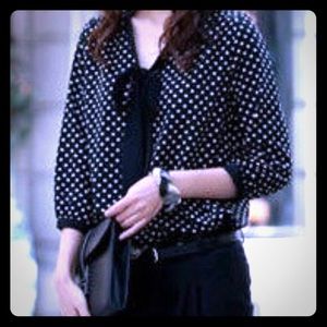 3/4 Sleeve Chiffon Bowknot O-Neck Dot Blouse