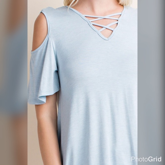 Baby blue ruffle off shoulder criss cross tunic - Picture 3 of 3