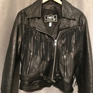 Black leather fringe motorcycle jacket