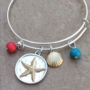 Two Tone Starfish Beach Charm Bead Bangle Bracelet