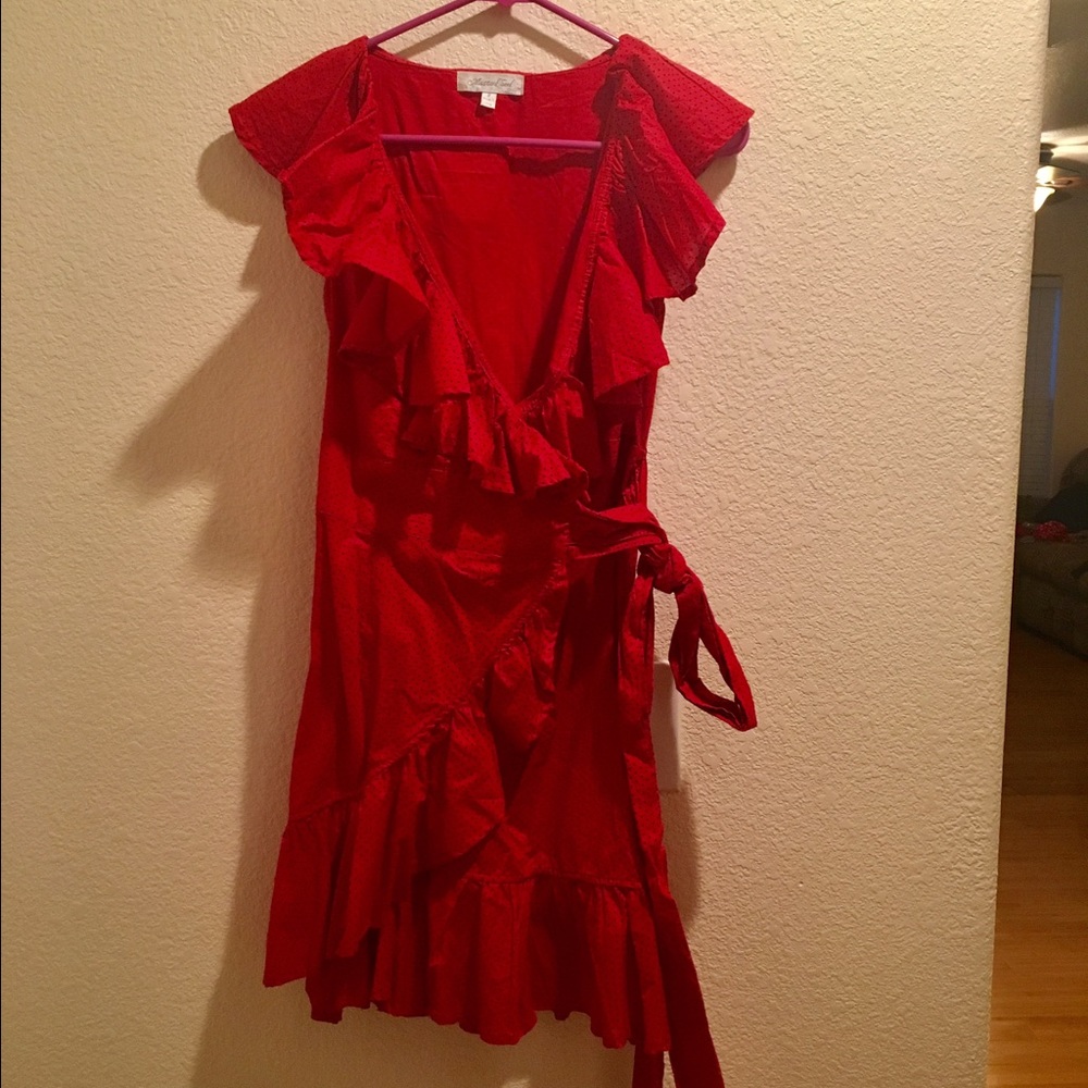 Bright red dress with black polka dots