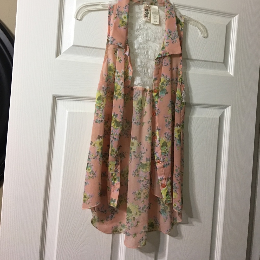 Sheer hi/lo button blouse with racerback.