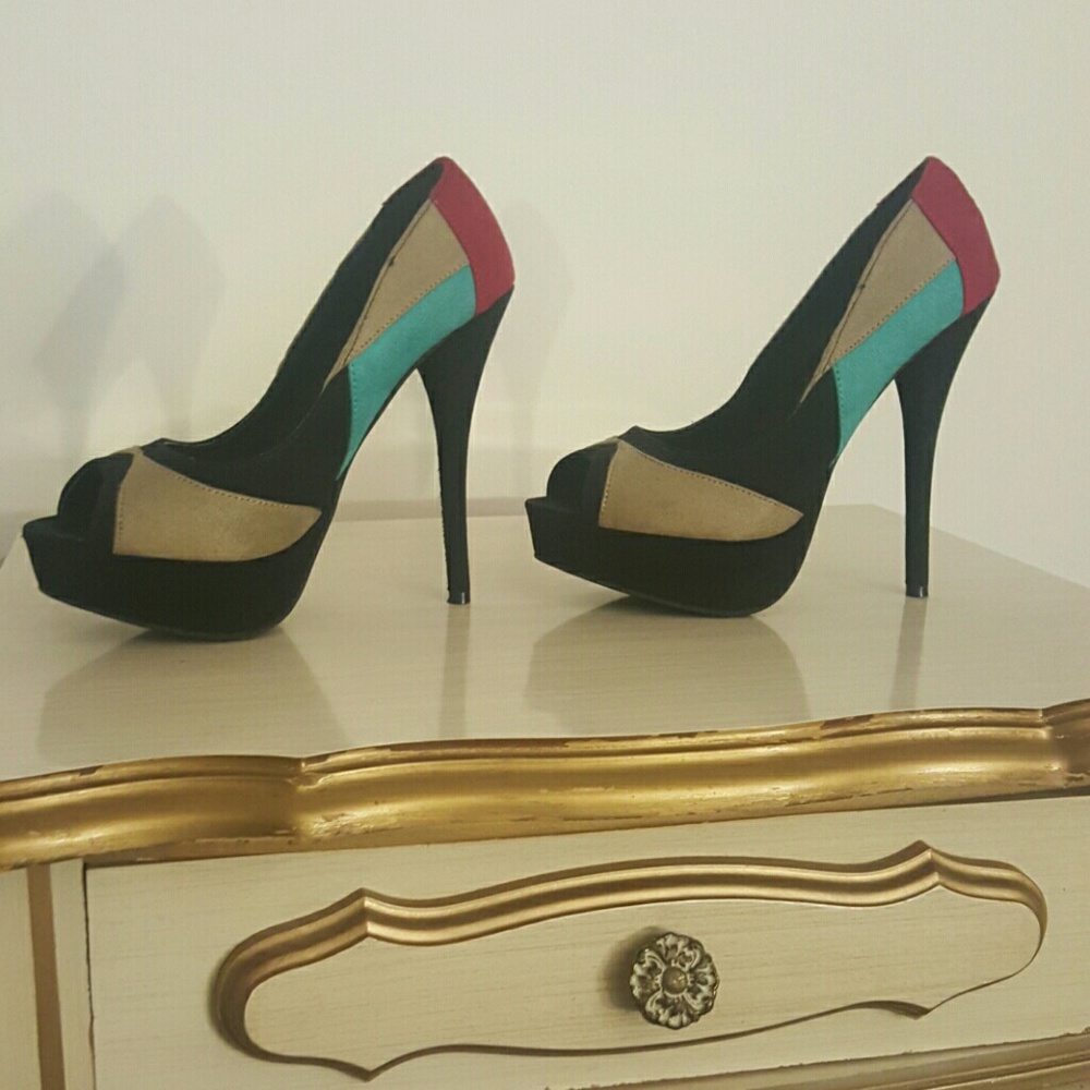 Open Toed Suede Colorblock Stiletto Pumps