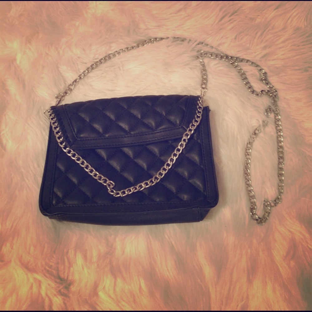 Black fake leather silver chain cross body bag