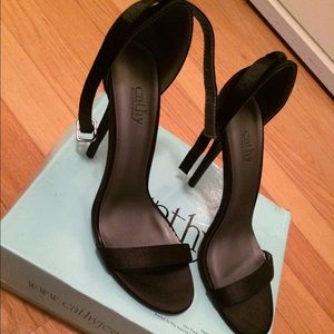Black satin fabric heels