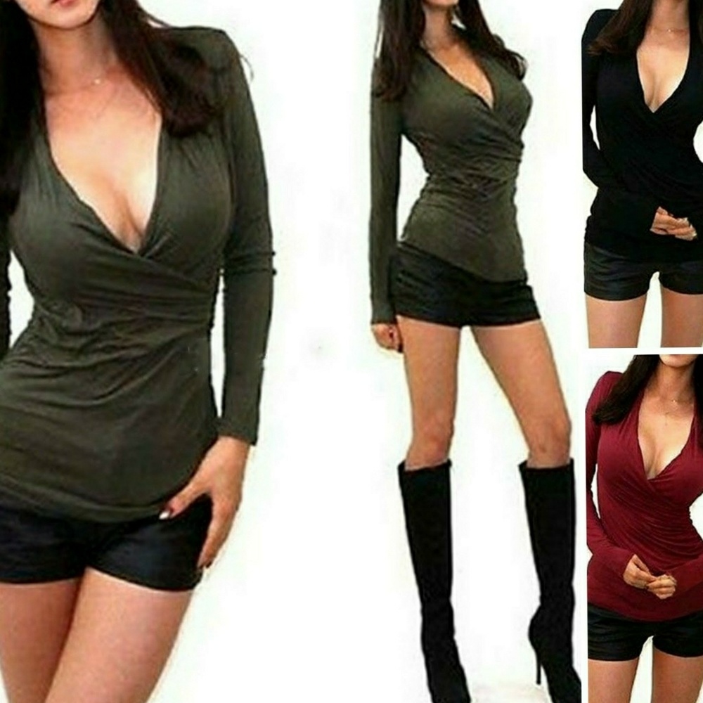 ⭐Sexy Deep V-Neck Plunge T-shirt Tunic BLACK