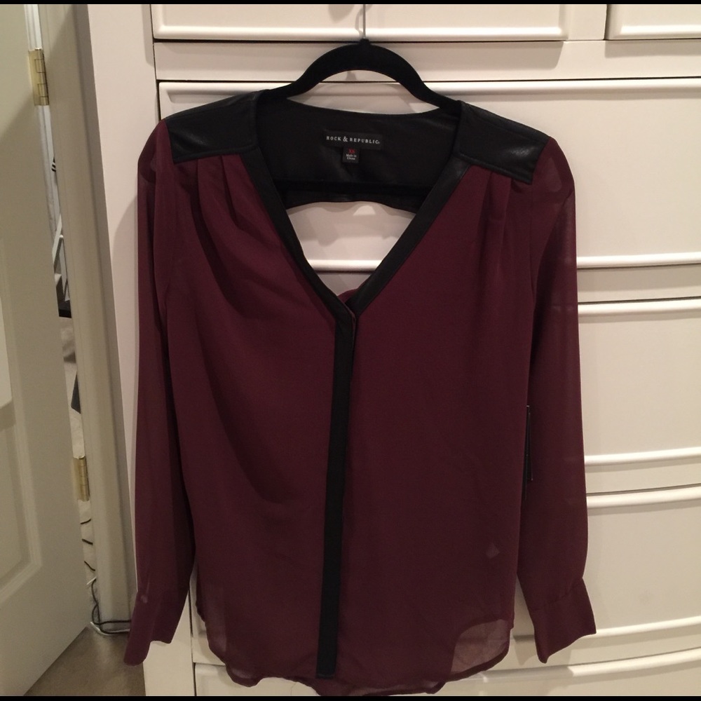 Wine color with black leather-like trim blouse
