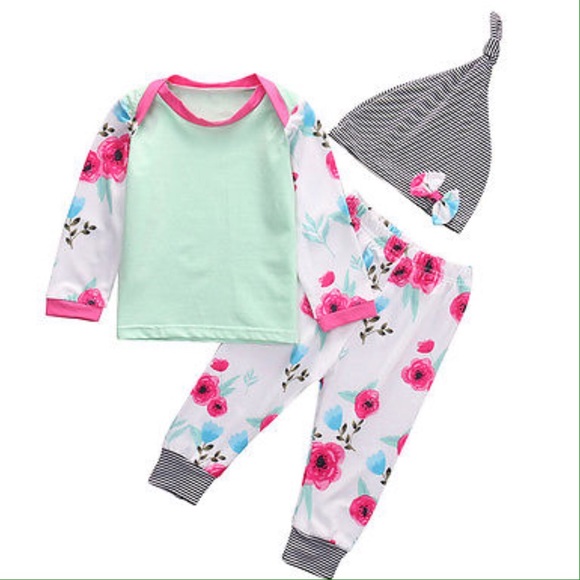 Other - Baby Girl 3-Piece Floral Outfit Shirt Pants Hat
