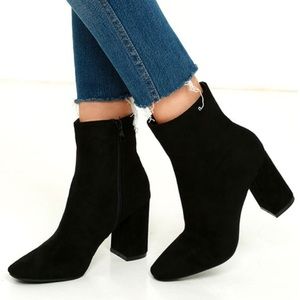 Black suede heeled mid calf booties