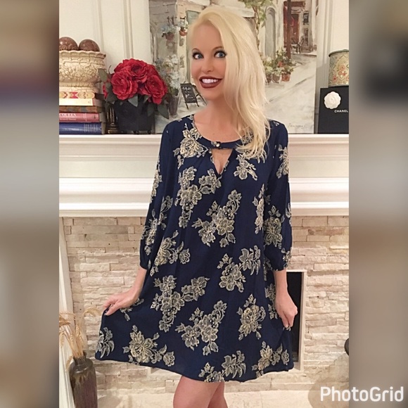 Teal floral 3 qtr sleeve keyhole dress LAST ONE - Picture 2 of 3