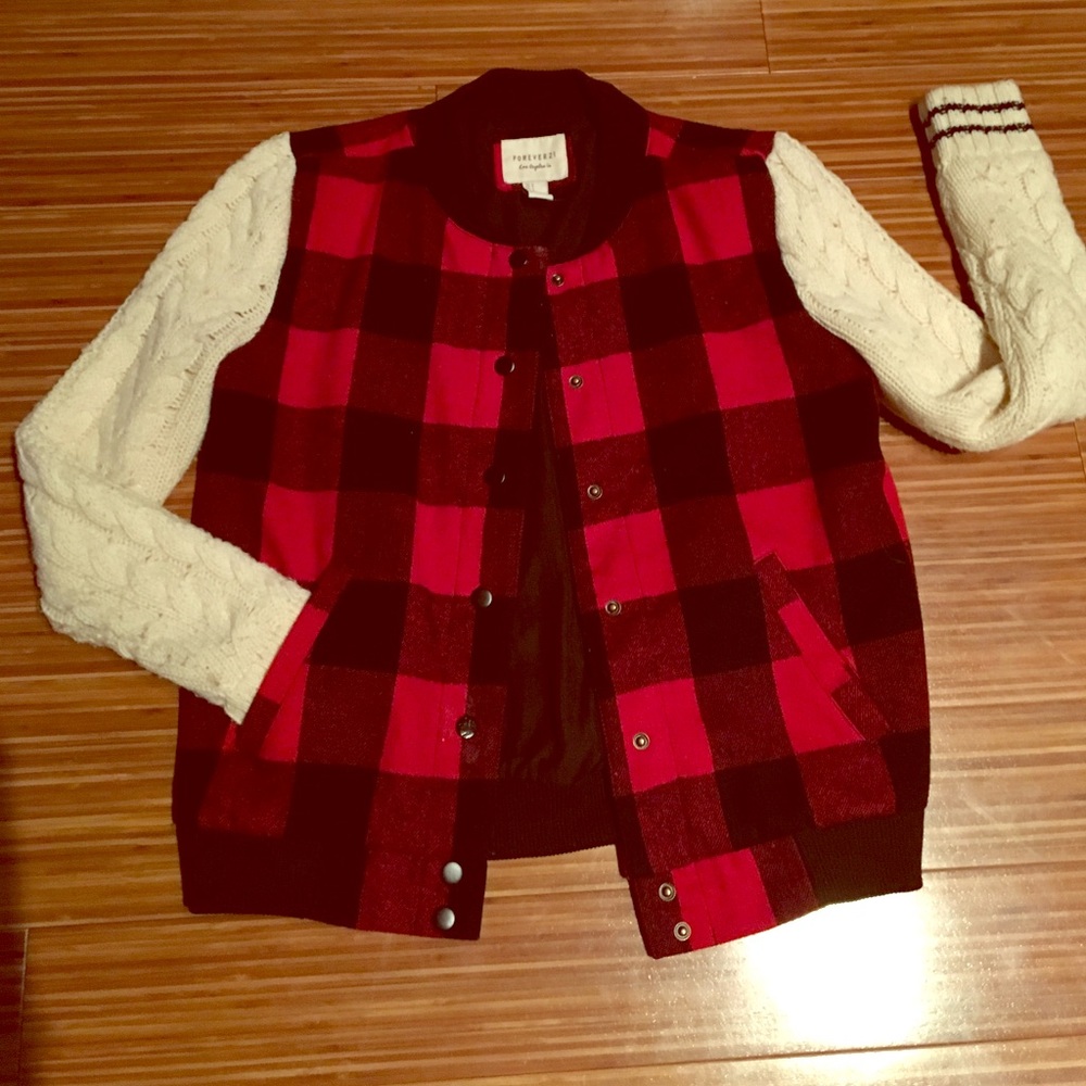 Red plaid and crocheted jacket