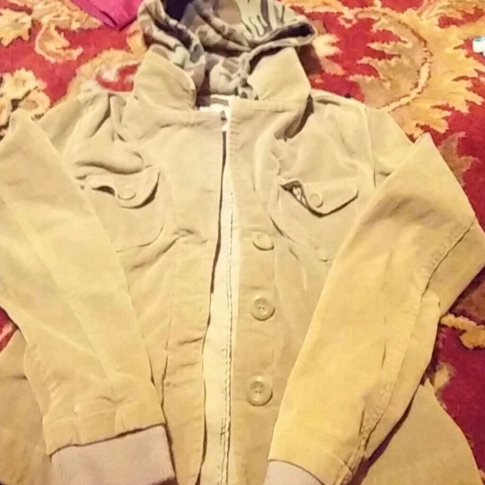 Army green Jrs zipper/ button  up hooded jacket
