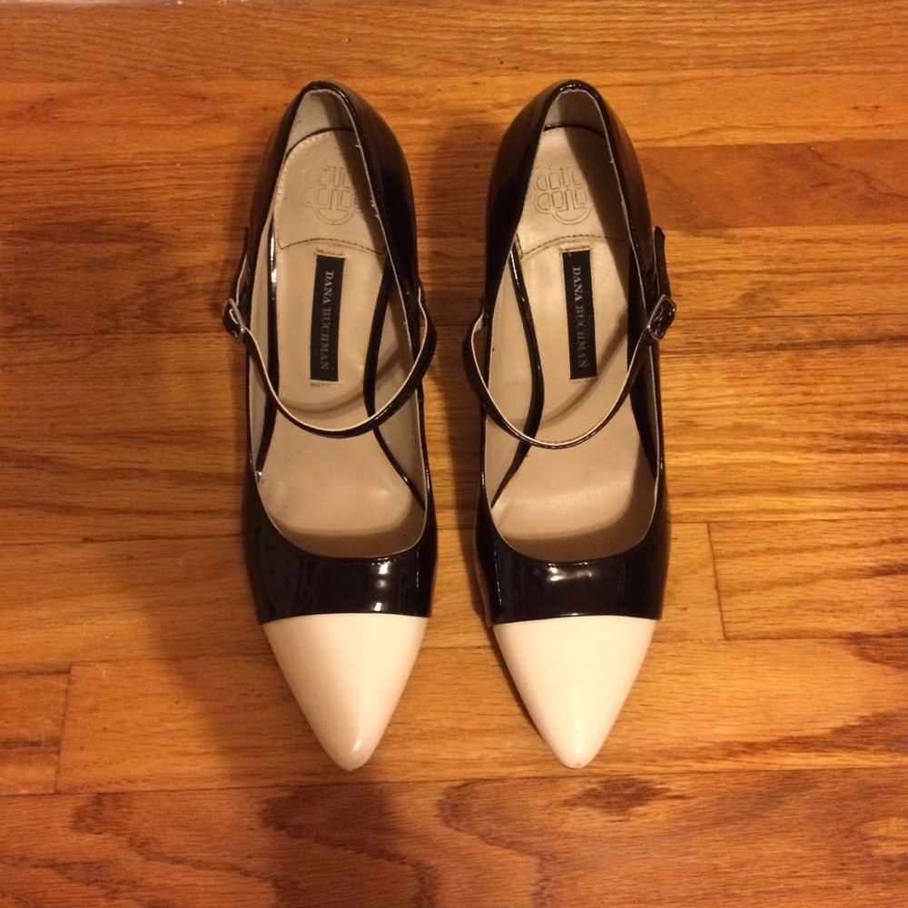 Point shoed, black, white strapped, high heels