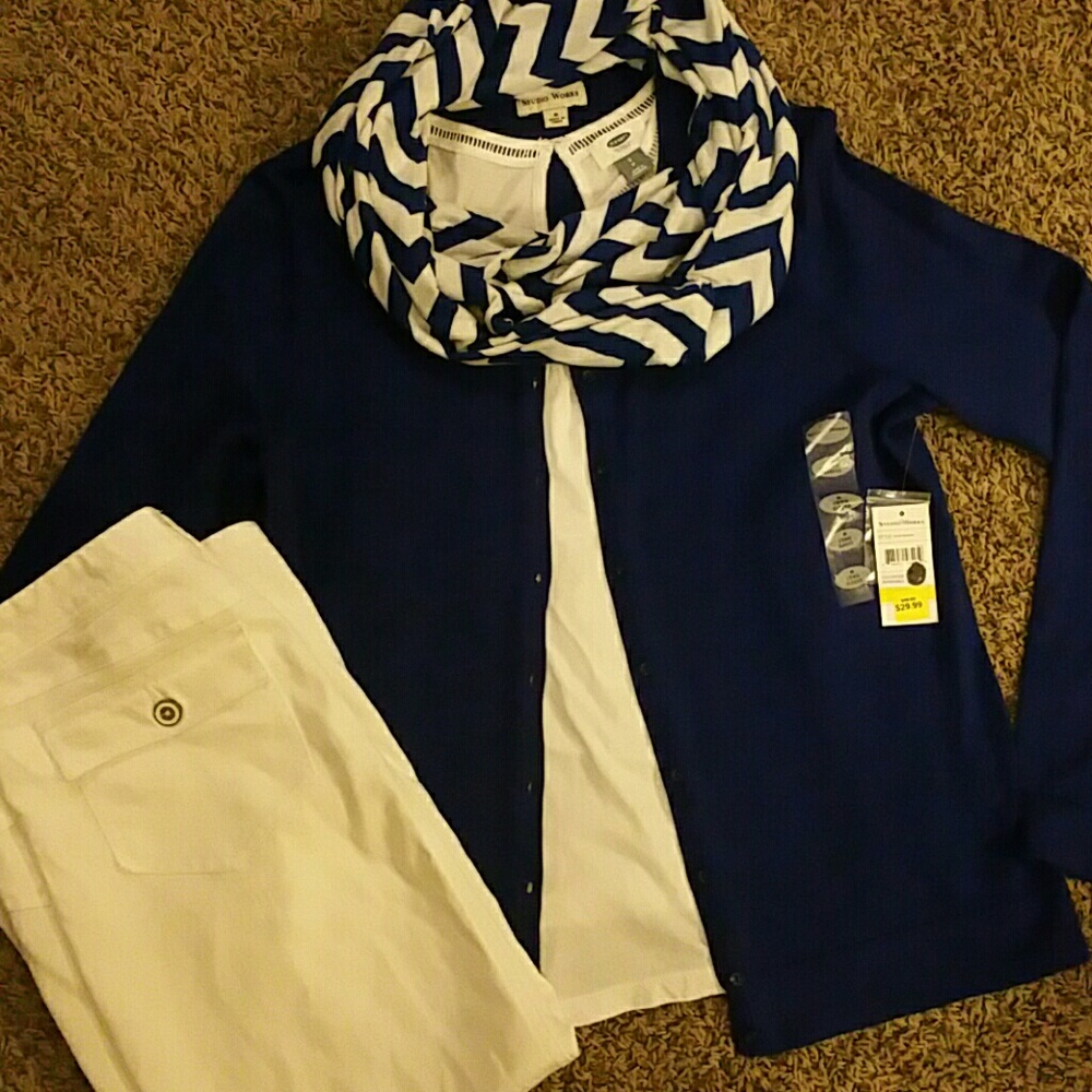 Royal blue cardigan and chevron scarf