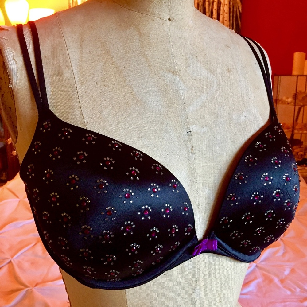 Black bra with purple rhinestones