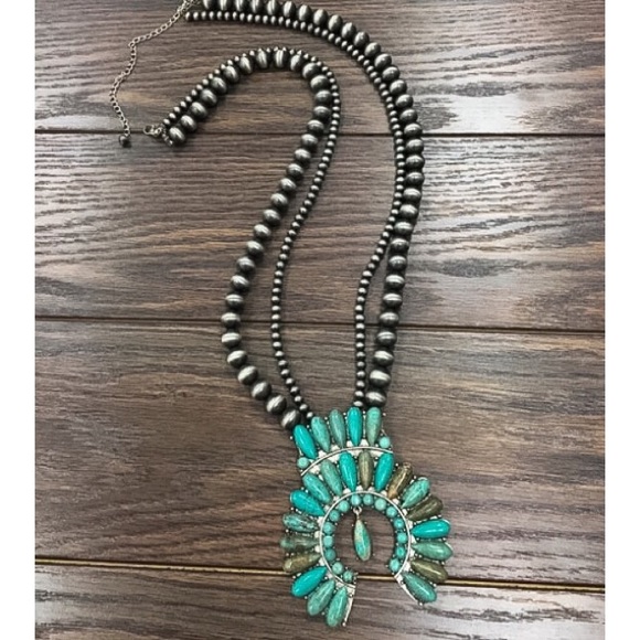 Jewelry - Large Silver & Turquoise Squash Blossom Necklace