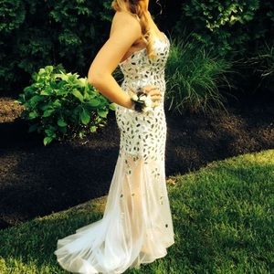 Strapless white silver beaded prom dress