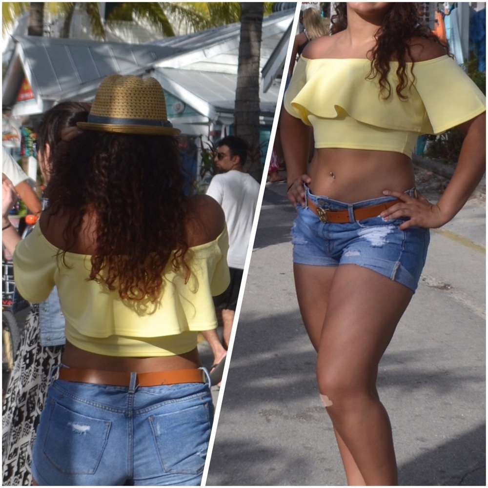 off shoulders yellow crop top