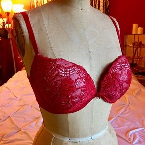 Red, rhinestone, lace bra. 34D