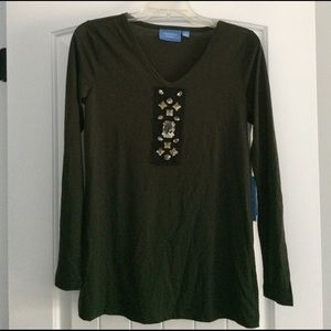Simply Vera Wang Shirt Women Small Green V-Neck Embellished Long Sleeve Top NWT