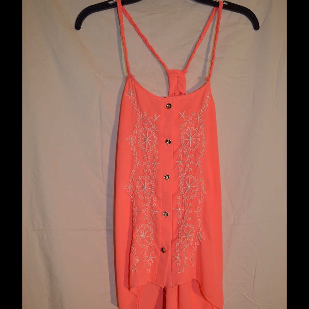 Coral w/ White Embroidery Tank