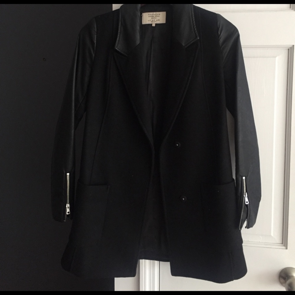Zara black coat, faux leather sleeves.