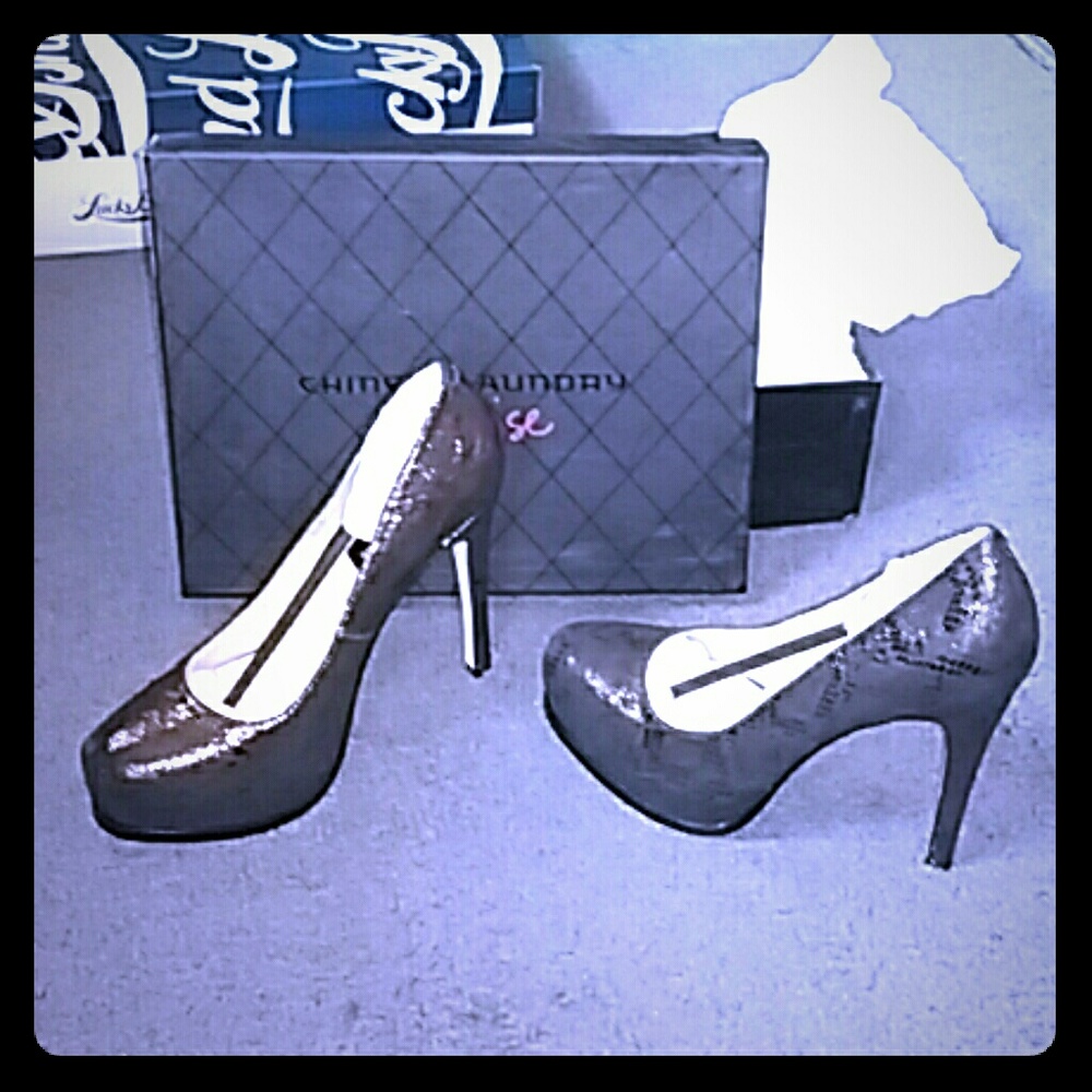 Chinese Laundry Bronze Snakeskin Platform Heels
