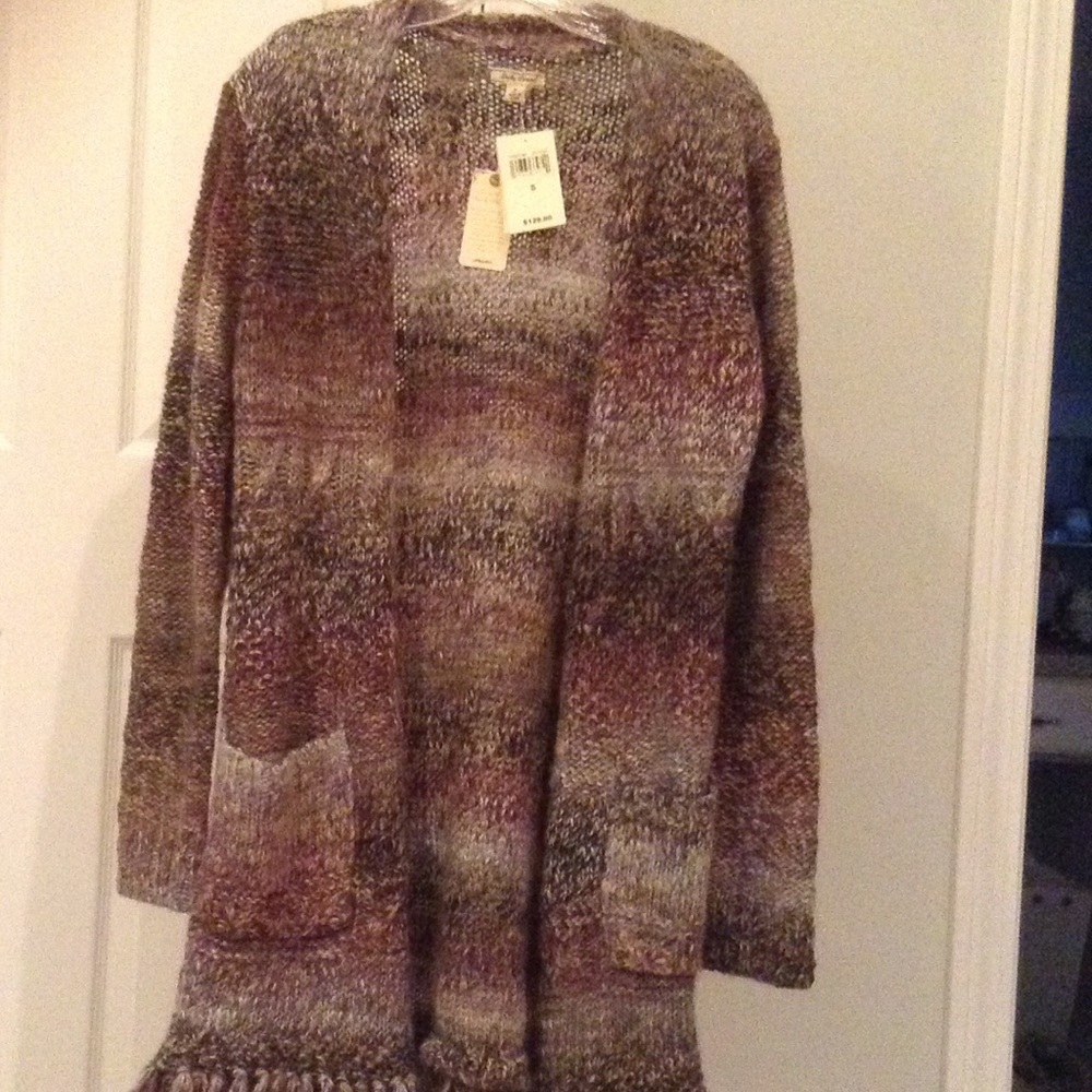 Swag!  Long sweater, muted colors/fringe Large NWT
