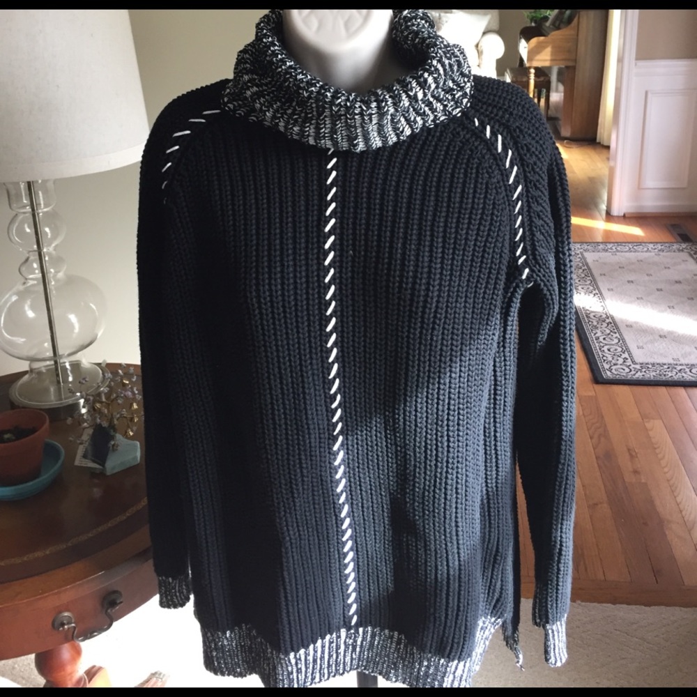 Black cowl knit sweater with white stitching