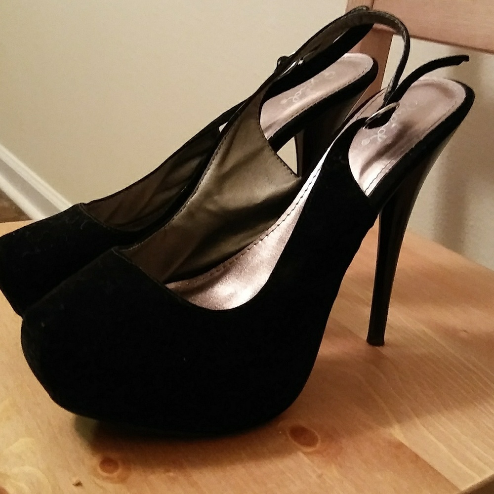 Black faux suede sling back stilettos