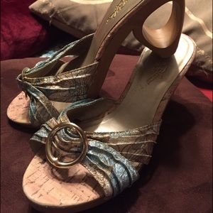 Sparkly Aqua and Gold Sandals with Cool Heel