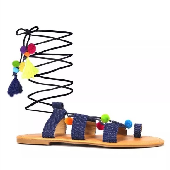 New Denim Gladiator Pompom Sandals by Malandrino - Picture 2 of 4