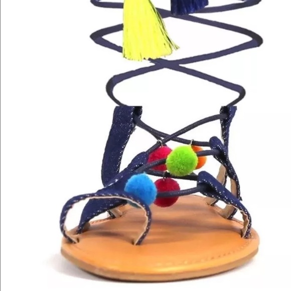 New Denim Gladiator Pompom Sandals by Malandrino - Picture 3 of 4