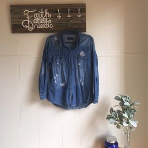 Distressed Chambray Button-Up