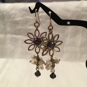 Flower Earrings with pearl/clear/bronze beads