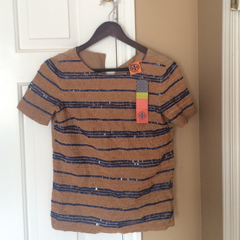 Tory Burch Beaded Linen Short-sleeve Blouse