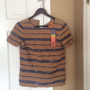 Tory Burch Beaded Linen Short-sleeve Blouse