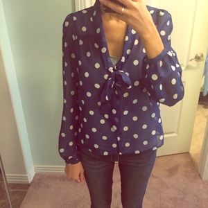 Sheer blue and white polka dot blouse