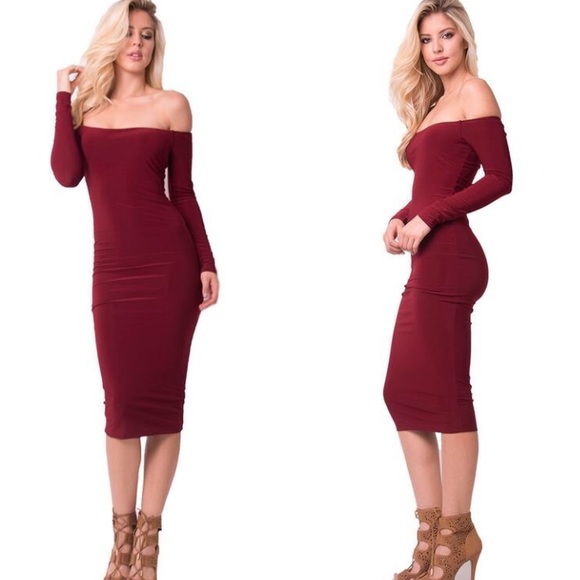Demure Off Shoulder Dress in Wine - Picture 1 of 1