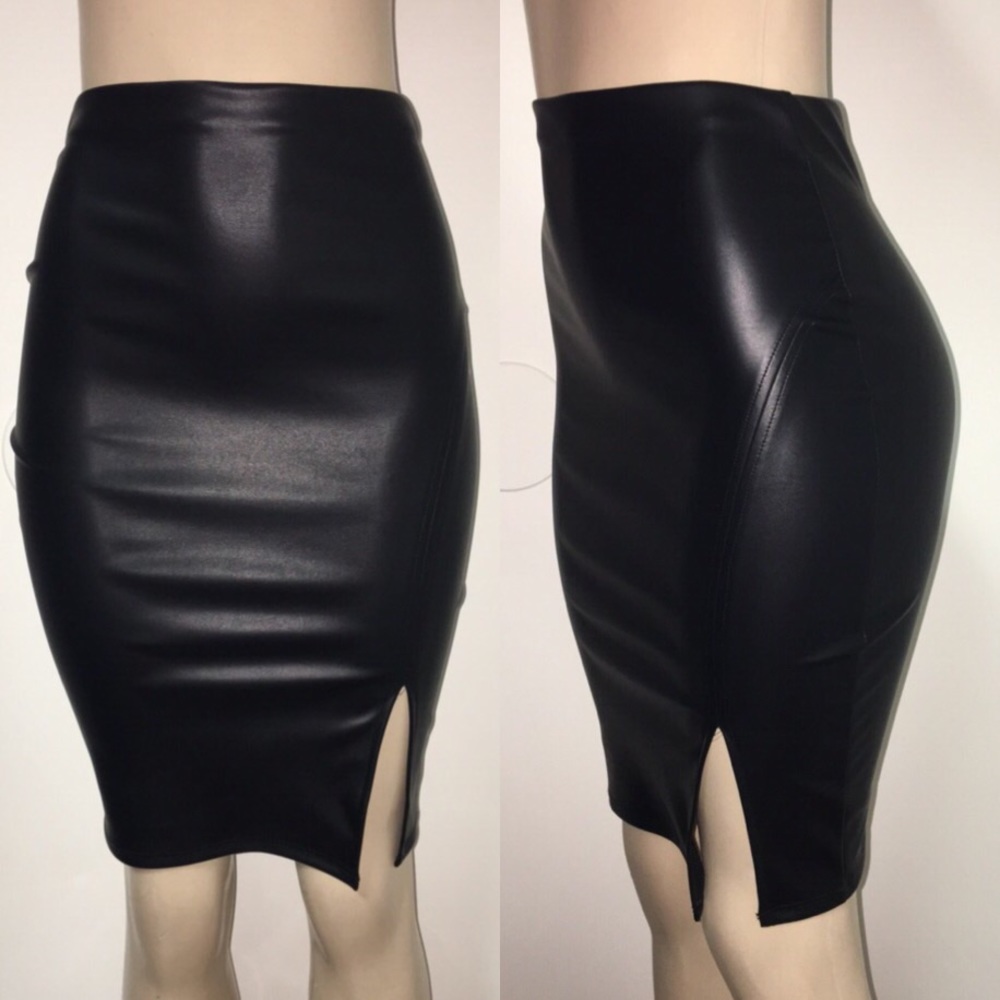 Black Leather Side Slit Skirt